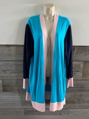 Lands’ End Women’s 1X Open Front Cardigan Sweater Blue Pink Colorblock (E1)